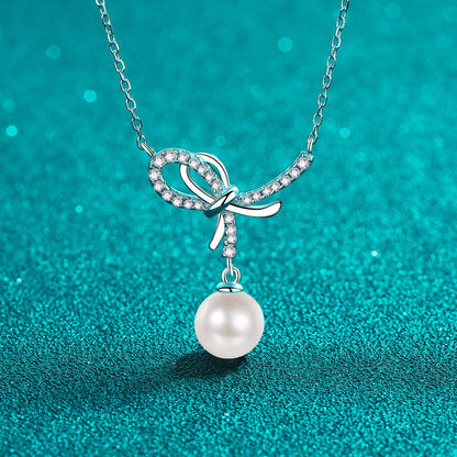 S925 Sterling Silver Bow Necklace - 12.8-Point Moissanite & Pearl Pendant Elegant Layered Choker for Women