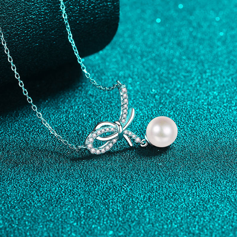 S925 Sterling Silver Bow Necklace - 12.8-Point Moissanite & Pearl Pendant Elegant Layered Choker for Women