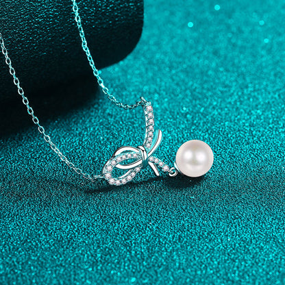 S925 Sterling Silver Bow Necklace - 12.8-Point Moissanite & Pearl Pendant Elegant Layered Choker for Women