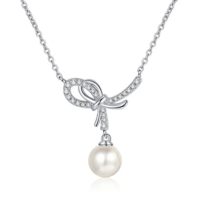 S925 Sterling Silver Bow Necklace - 12.8-Point Moissanite & Pearl Pendant Elegant Layered Choker for Women