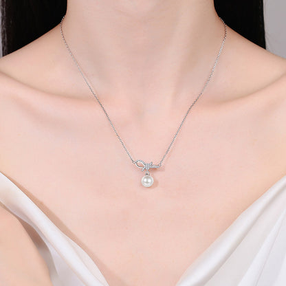S925 Sterling Silver Bow Necklace - 14.5-Point  Moissanite & Pearl Pendant Sweet Layered Choker for Girls