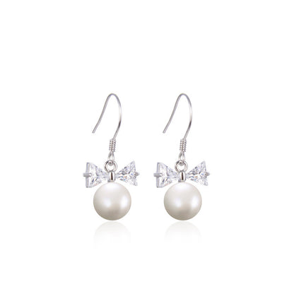 S925 Sterling Silver Bow Pearl Drop Earrings - Korean Geometric Dangle Earrings for Women