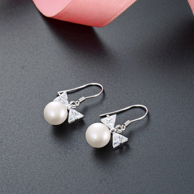 S925 Sterling Silver Bow Pearl Drop Earrings - Korean Geometric Dangle Earrings for Women