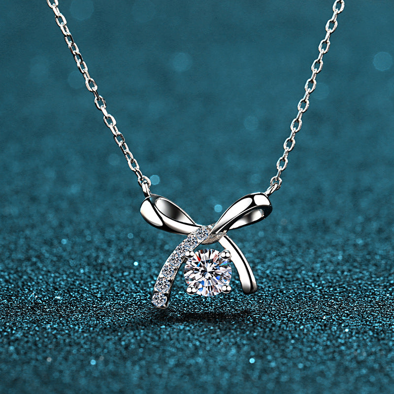 S925 Sterling Silver Bow Pendant Necklace - 0.5CT Moissanite Four-Prong Collarbone Chain