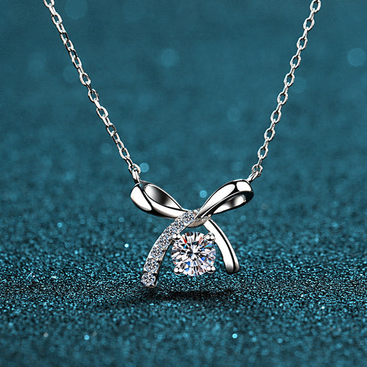 S925 Sterling Silver Bow Pendant Necklace - 0.5CT Moissanite Four-Prong Collarbone Chain