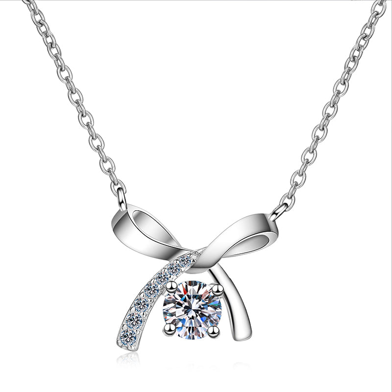 S925 Sterling Silver Bow Pendant Necklace - 0.5CT Moissanite Four-Prong Collarbone Chain