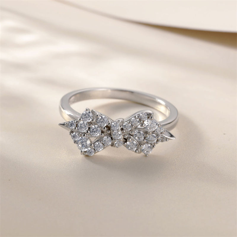 S925 Sterling Silver Bow Ring - Elegant European-Style Zirconia Wedding Jewelry