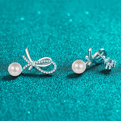 S925 Sterling Silver Bow Stud Earrings - 0.28ct Moissanite & 7-8mm Freshwater Pearls