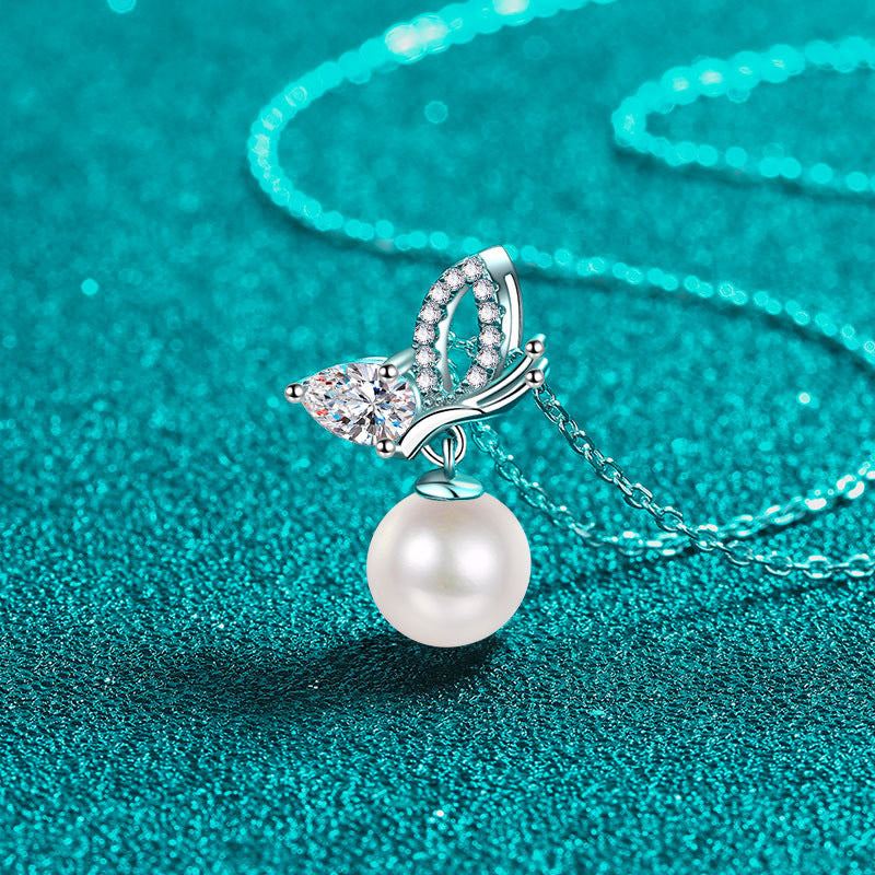 S925 Sterling Silver Butterfly Wing Necklace - 56-Point Moissanite & Pearl Pendant Princess-Style Layered Choker