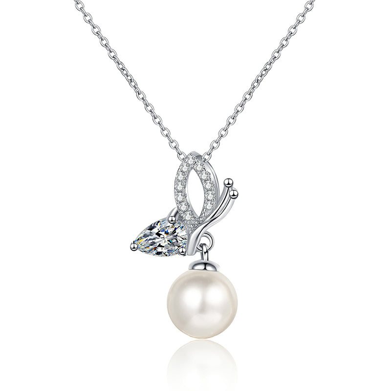 S925 Sterling Silver Butterfly Wing Necklace - 56-Point Moissanite & Pearl Pendant Princess-Style Layered Choker