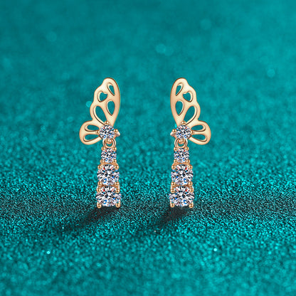 S925 Sterling Silver Champagne Gold Butterfly Moissanite Stud Earrings - 1.24CT Floral Elegance