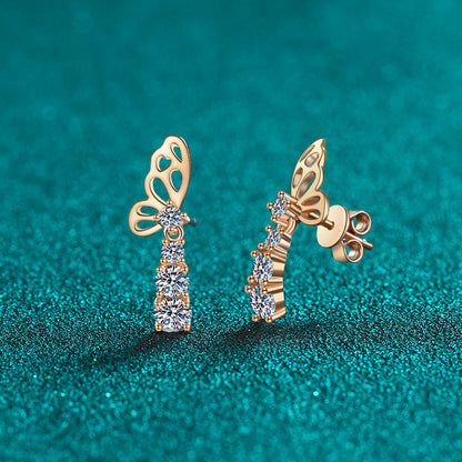 S925 Sterling Silver Champagne Gold Butterfly Moissanite Stud Earrings - 1.24CT Floral Elegance