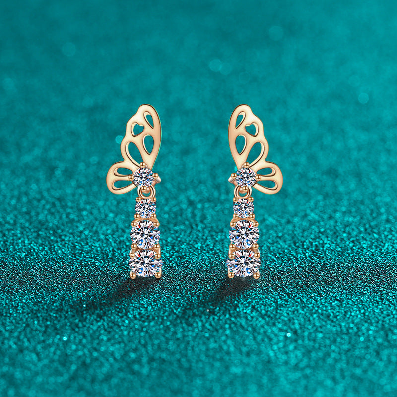 S925 Sterling Silver Champagne Gold Butterfly Moissanite Stud Earrings - 1.24CT Floral Elegance