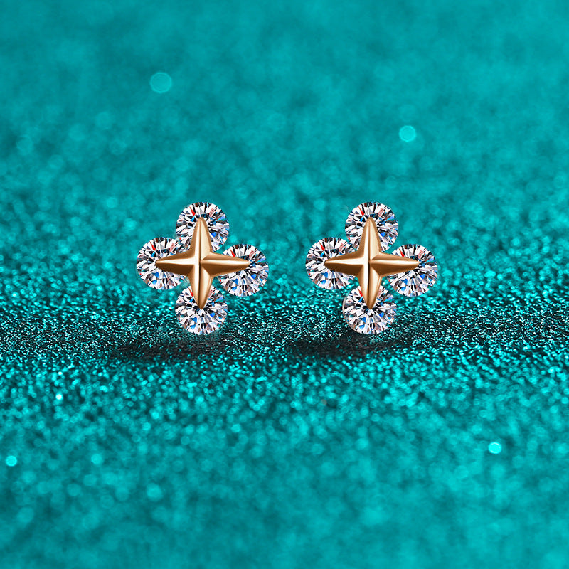 S925 Sterling Silver Champagne Gold Moissanite Star Earrings - 0.8ct Movable Floral Studs