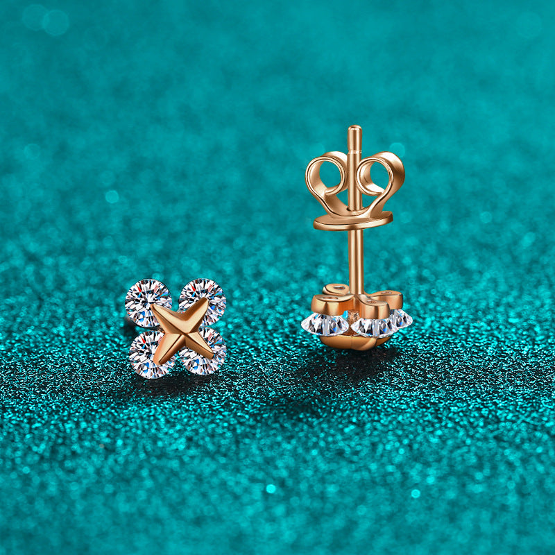 S925 Sterling Silver Champagne Gold Moissanite Star Earrings - 0.8ct Movable Floral Studs