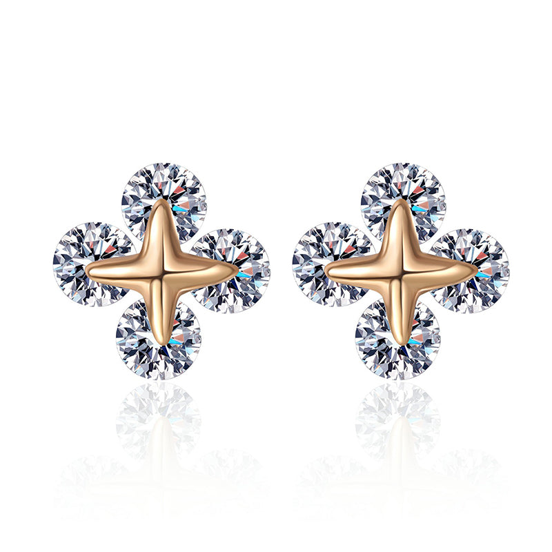 S925 Sterling Silver Champagne Gold Moissanite Star Earrings - 0.8ct Movable Floral Studs