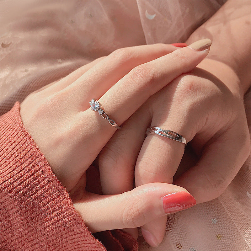 S925 Sterling Silver Channel Set Couple Rings - Her 1ct Moissanite & His Plain Band Adjustable Minimalist Wedding Set