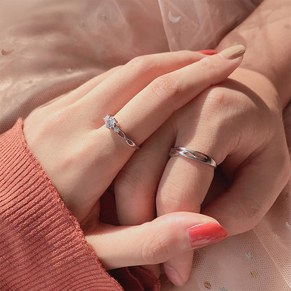 S925 Sterling Silver Channel Set Couple Rings - Her 1ct Moissanite & His Plain Band Adjustable Minimalist Wedding Set