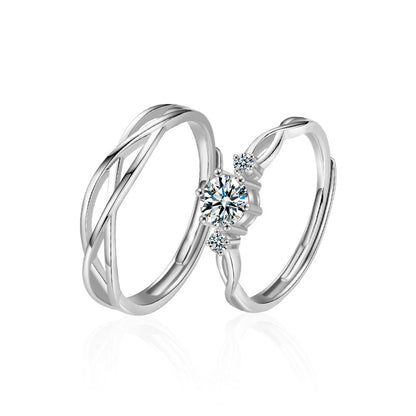 S925 Sterling Silver Channel Set Couple Rings - Her 1ct Moissanite & His Plain Band Adjustable Minimalist Wedding Set