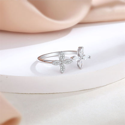 S925 Sterling Silver Clover Adjustable Ring - Elegant Four-Leaf Open Band for Women
