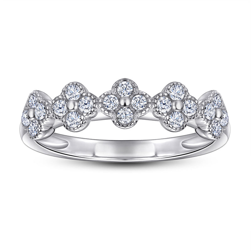 S925 Sterling Silver Clover Pavé Ring - Delicate Four-Leaf Zirconia Stackable Band