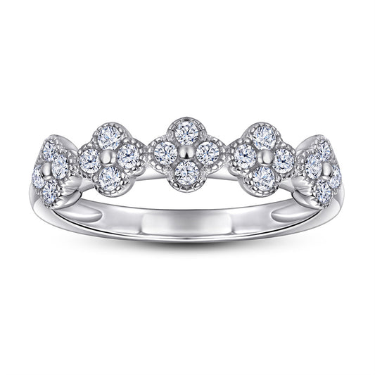 S925 Sterling Silver Clover Pavé Ring - Delicate Four-Leaf Zirconia Stackable Band