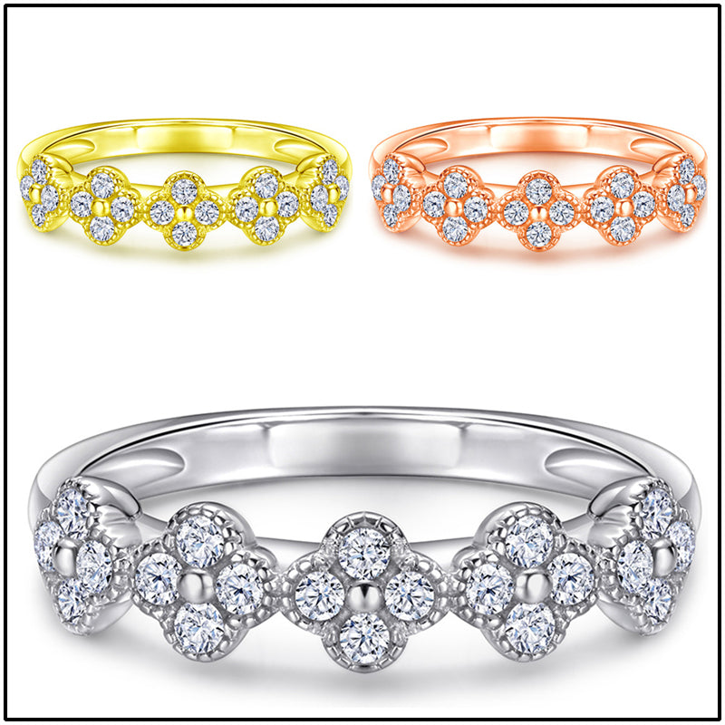 S925 Sterling Silver Clover Pavé Ring - Delicate Four-Leaf Zirconia Stackable Band