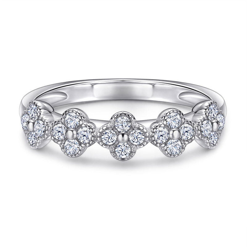 S925 Sterling Silver Clover Pavé Ring - Delicate Four-Leaf Zirconia Stackable Band