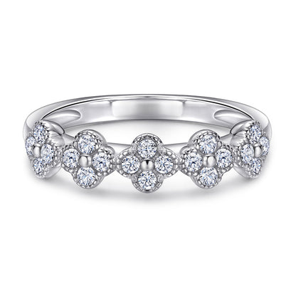 S925 Sterling Silver Clover Pavé Ring - Delicate Four-Leaf Zirconia Stackable Band