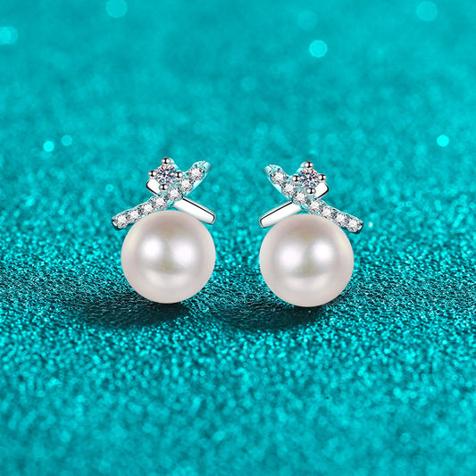 S925 Sterling Silver Crossed Wave Stud Earrings - 0.10ct Moissanite & 6-7mm Freshwater Pearls