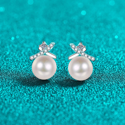 S925 Sterling Silver Crossed Wave Stud Earrings - 0.10ct Moissanite & 6-7mm Freshwater Pearls