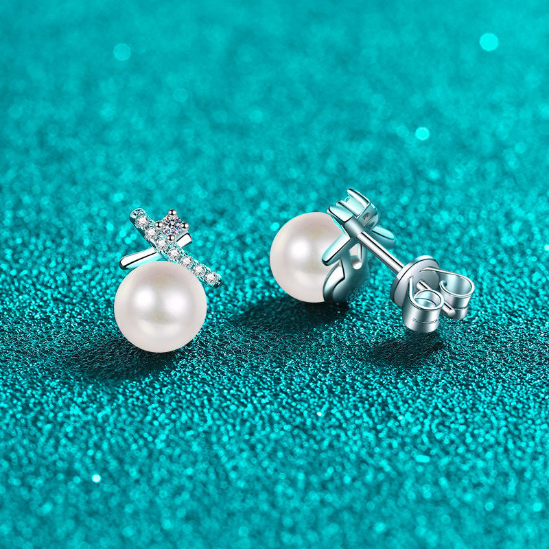 S925 Sterling Silver Crossed Wave Stud Earrings - 0.10ct Moissanite & 6-7mm Freshwater Pearls