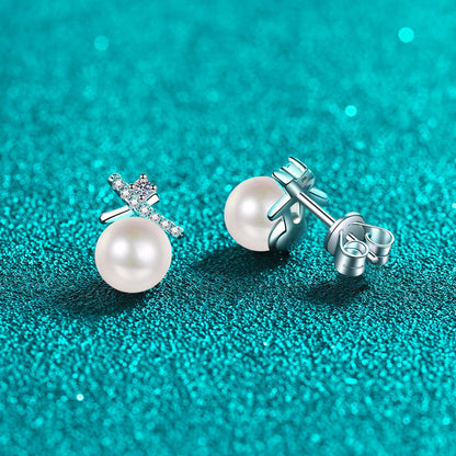 S925 Sterling Silver Crossed Wave Stud Earrings - 0.10ct Moissanite & 6-7mm Freshwater Pearls