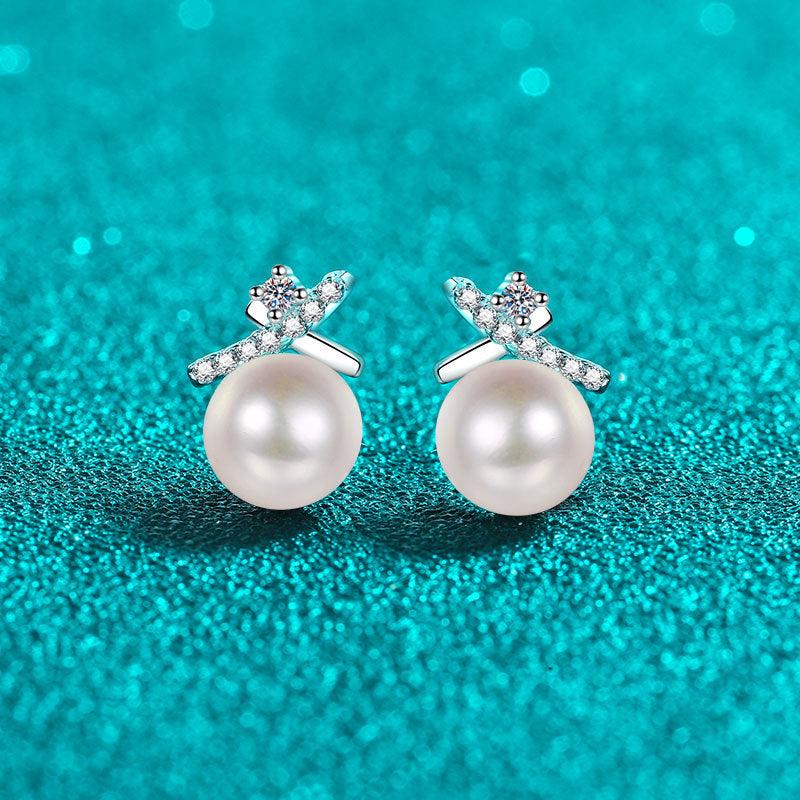 S925 Sterling Silver Crossed Wave Stud Earrings - 0.10ct Moissanite & 6-7mm Freshwater Pearls