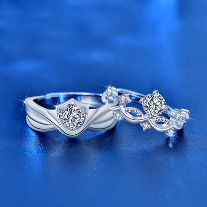 S925 Sterling Silver Crown Couple Rings with 0.5ct Moissanite Adjustable Matching Promise Rings in White Gold Plated Elegant Design