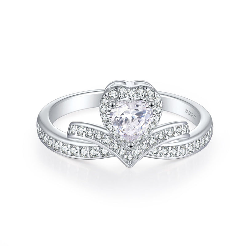 S925 Sterling Silver Crown Heart Ring - Regal Bridal Jewelry with Pavé Zirconia