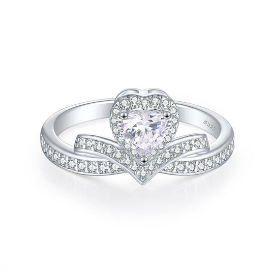 S925 Sterling Silver Crown Heart Ring - Regal Bridal Jewelry with Pavé Zirconia