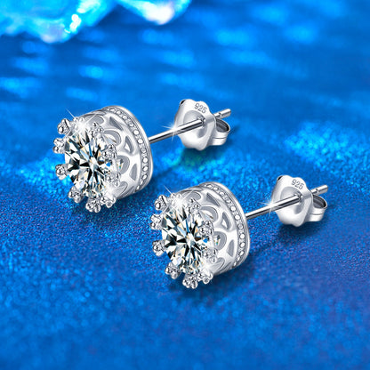 S925 Sterling Silver Crown Stud Earrings with 0.5ct Moissanite White Gold Plated Minimalist Royal Jewelry for Women