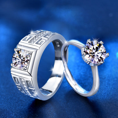 S925 Sterling Silver Crown & Diamond-Cut Couple Rings - His & Hers 2ct Moissanite Bold Statement Bands (Size 8-13/Adjustable)