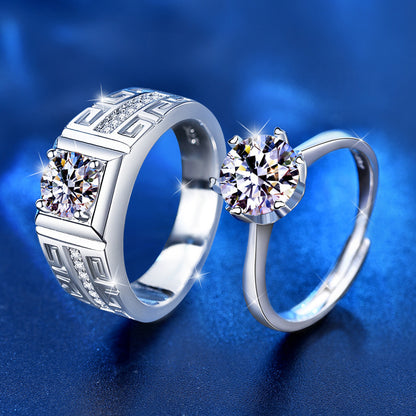 S925 Sterling Silver Crown & Diamond-Cut Couple Rings - His & Hers 2ct Moissanite Bold Statement Bands (Size 8-13/Adjustable)
