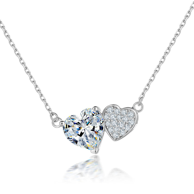 S925 Sterling Silver Double Heart Pendant Necklace - Elegant Interlocked Zirconia Love Chain for Women
