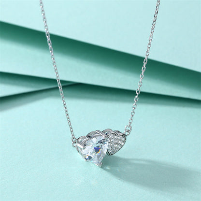 S925 Sterling Silver Double Heart Pendant Necklace - Elegant Interlocked Zirconia Love Chain for Women
