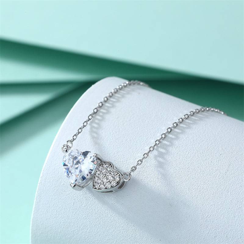 S925 Sterling Silver Double Heart Pendant Necklace - Elegant Interlocked Zirconia Love Chain for Women