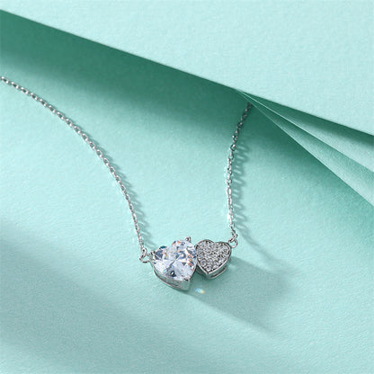 S925 Sterling Silver Double Heart Pendant Necklace - Elegant Interlocked Zirconia Love Chain for Women