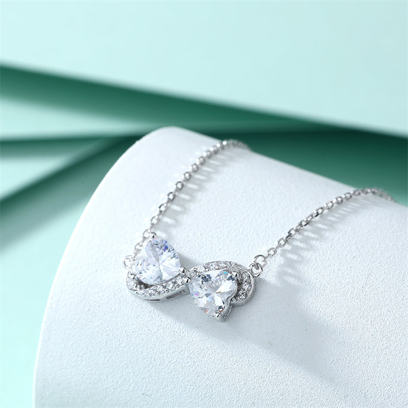 S925 Sterling Silver Double Heart Pendant Necklace - Romantic Interlocked Zirconia Love Chain for Women
