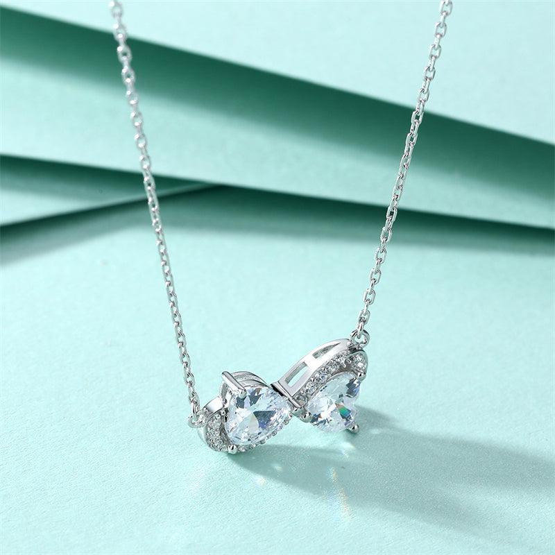 S925 Sterling Silver Double Heart Pendant Necklace - Romantic Interlocked Zirconia Love Chain for Women