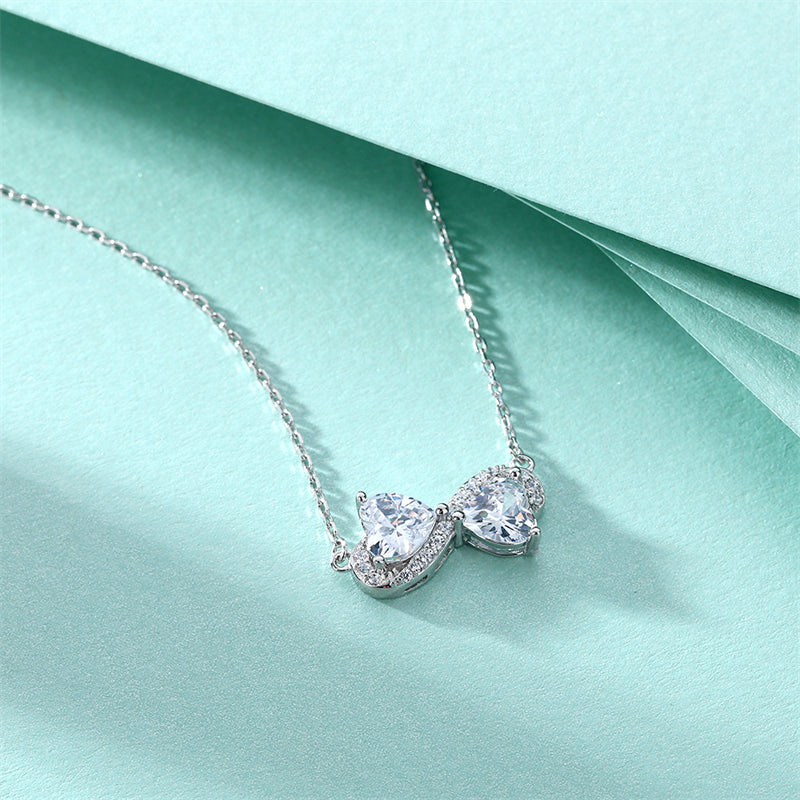 S925 Sterling Silver Double Heart Pendant Necklace - Romantic Interlocked Zirconia Love Chain for Women
