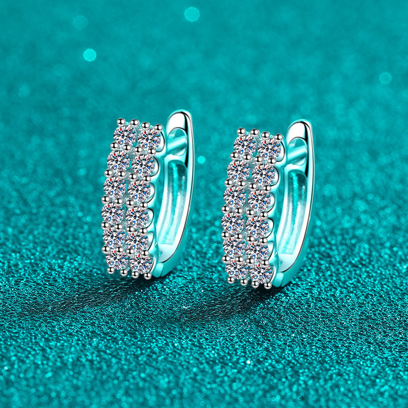 S925 Sterling Silver Double Row Moissanite Stud Earrings - 0.72ct Full Pavé Geometric Everyday Hoops