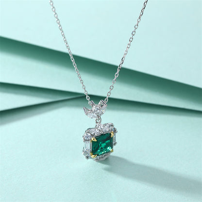 S925 Sterling Silver Emerald Zircon Pendant Necklace - Elegant Green Gemstone Collarbone Chain