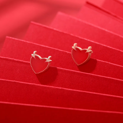 S925 Sterling Silver Enamel Heart Stud Earrings - Vintage Geometric Love Earrings with Plastic Stoppers